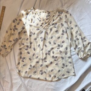 Maurices Sheer Cream and Black Leaf Print Blouse.  v-neck with lattice detail. M